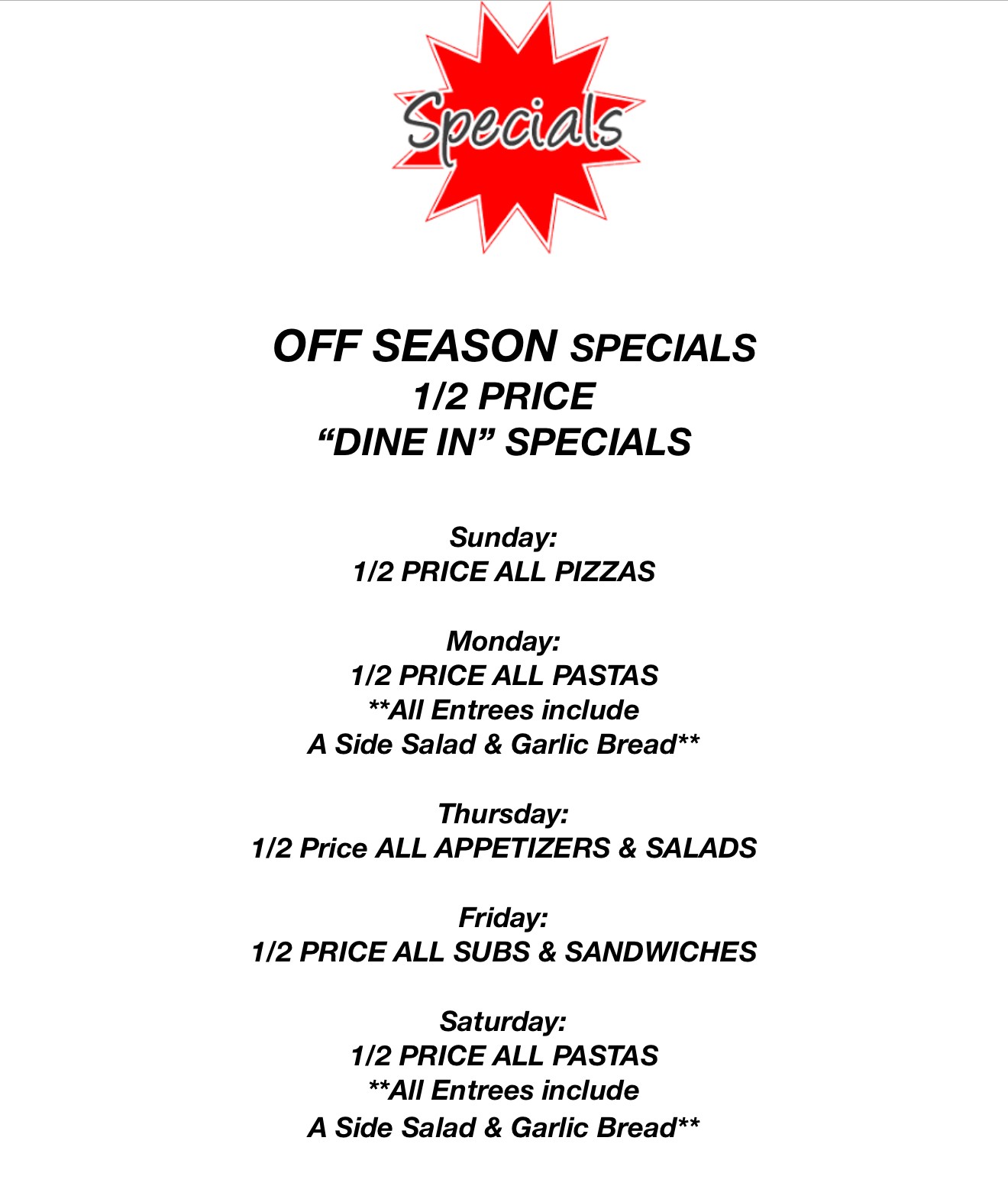 Off Season 2025 Specials Pop Up
